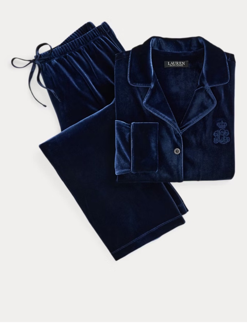 Lauren Ralph Lauren Navy Blue Velvet Pajama Set Women's Large L RL Crest Logo 2p